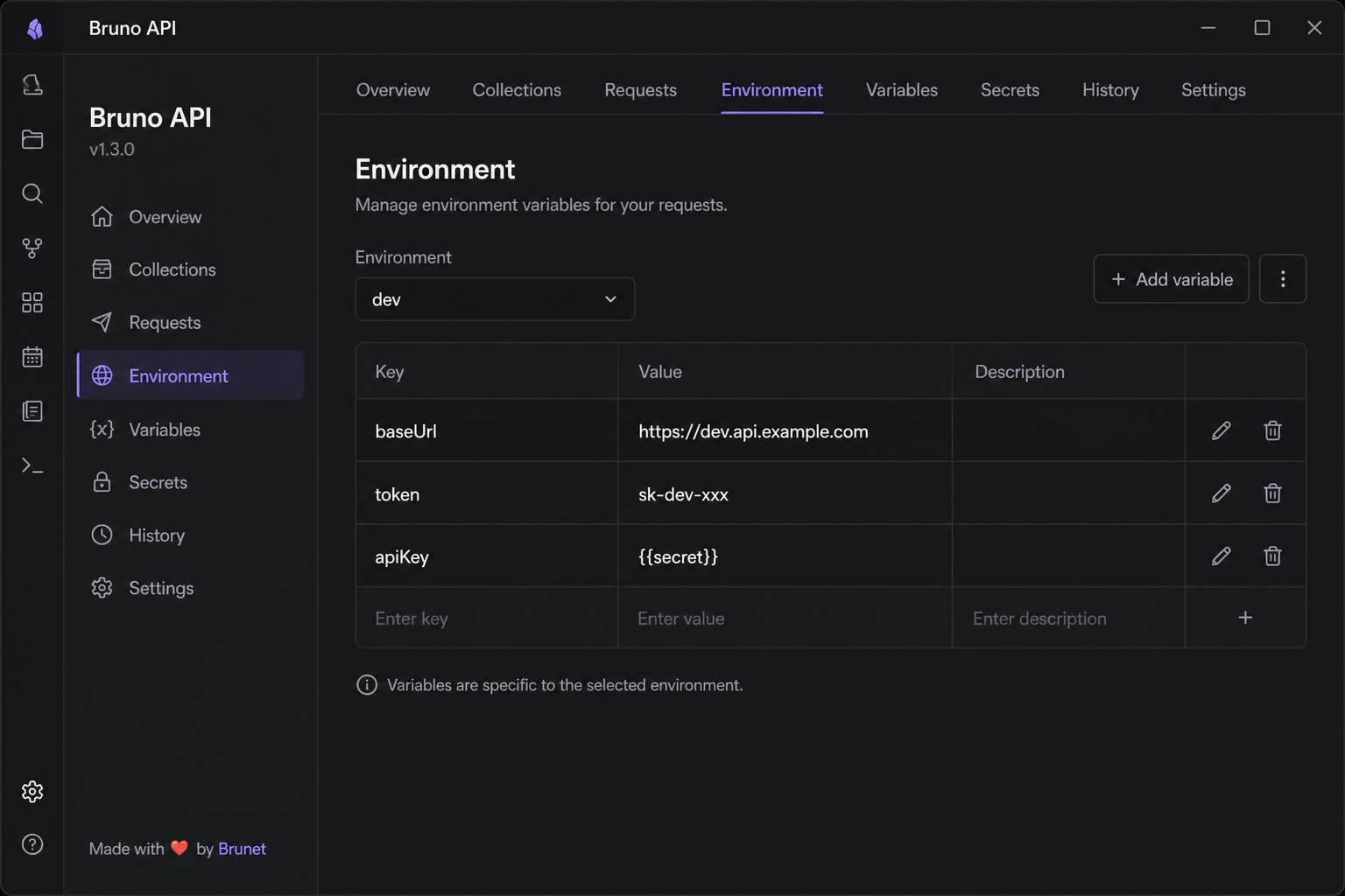 Environment tab with variable editor