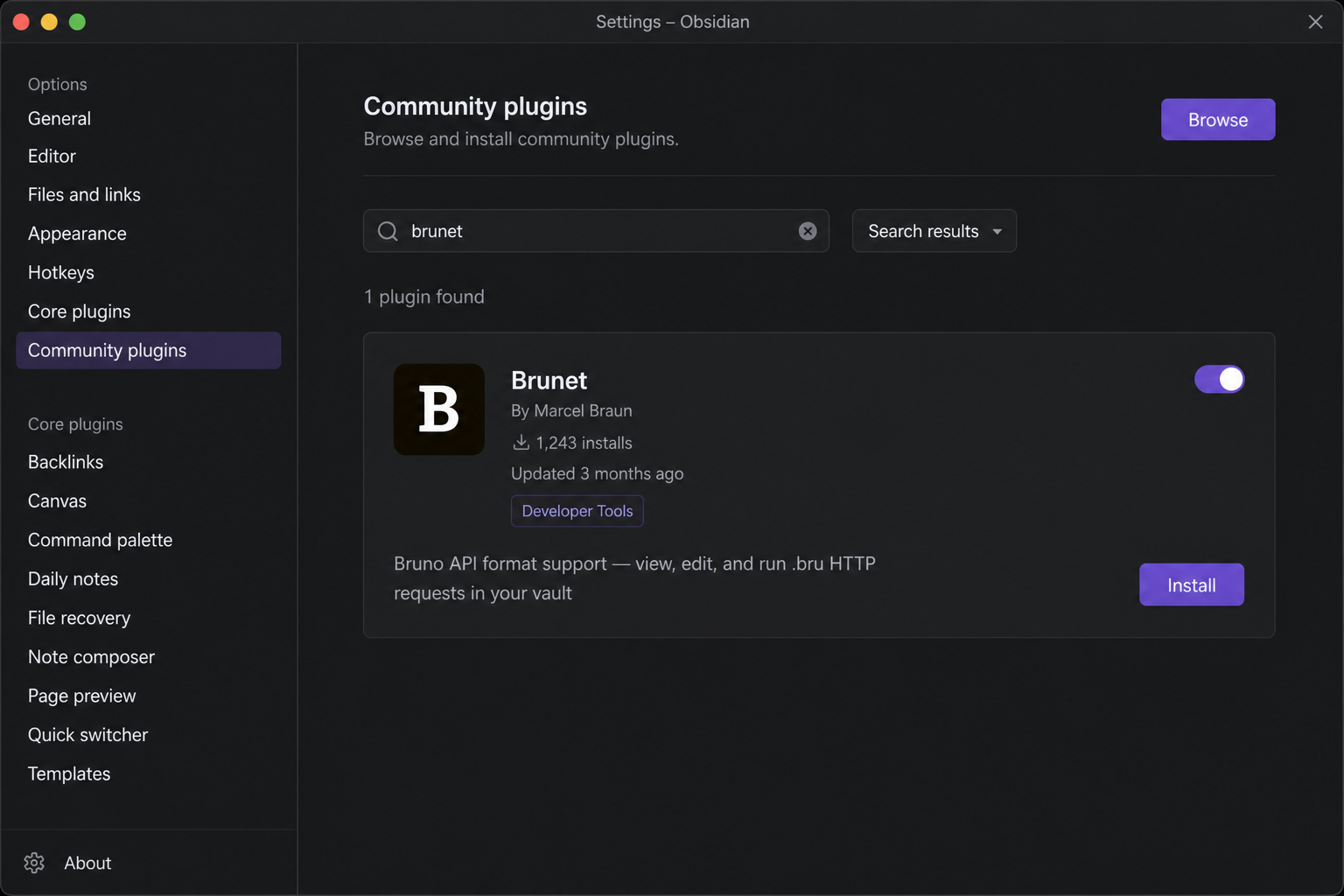Installing Brunet from Obsidian Community plugins