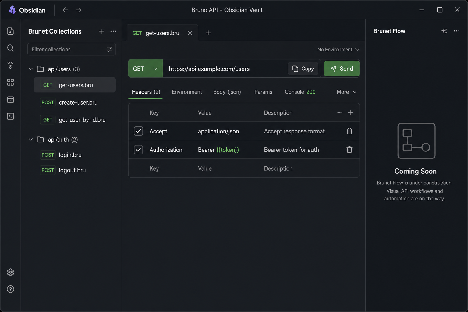 Brunet workspace — Collections sidebar, request preview, and Send button