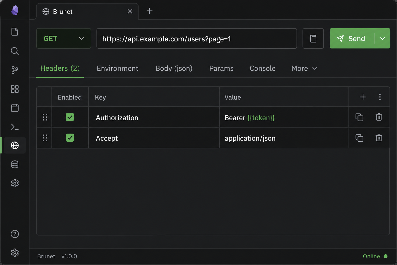 Request preview with method, URL, headers, and Send button