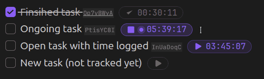 Animated demo of the task badge states — play, active tracking, and completed