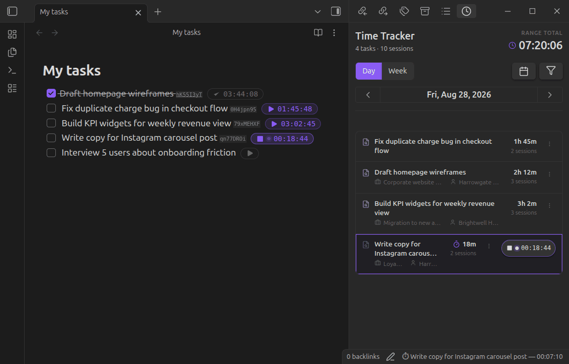 Task Time Tracker plugin shown in Obsidian, with a note open and the History panel visible