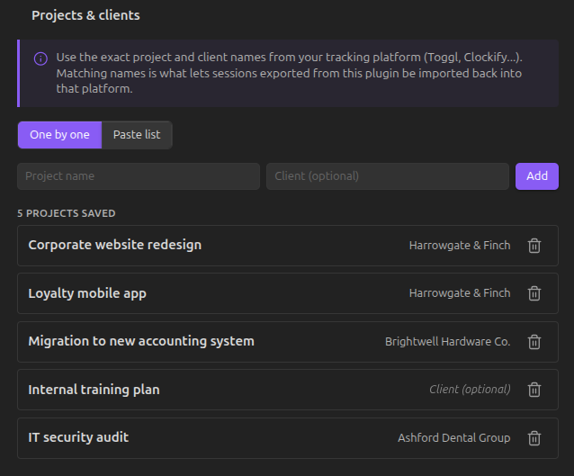 Settings → Projects & clients section