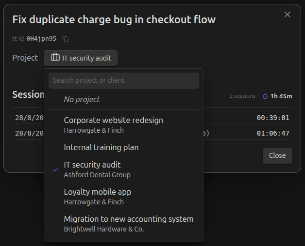 Project picker inside Edit task