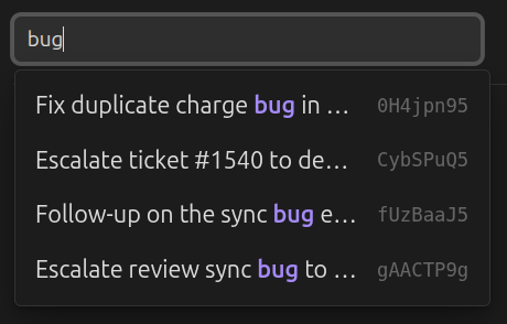 Task search in the History panel header, with suggestions shown while typing
