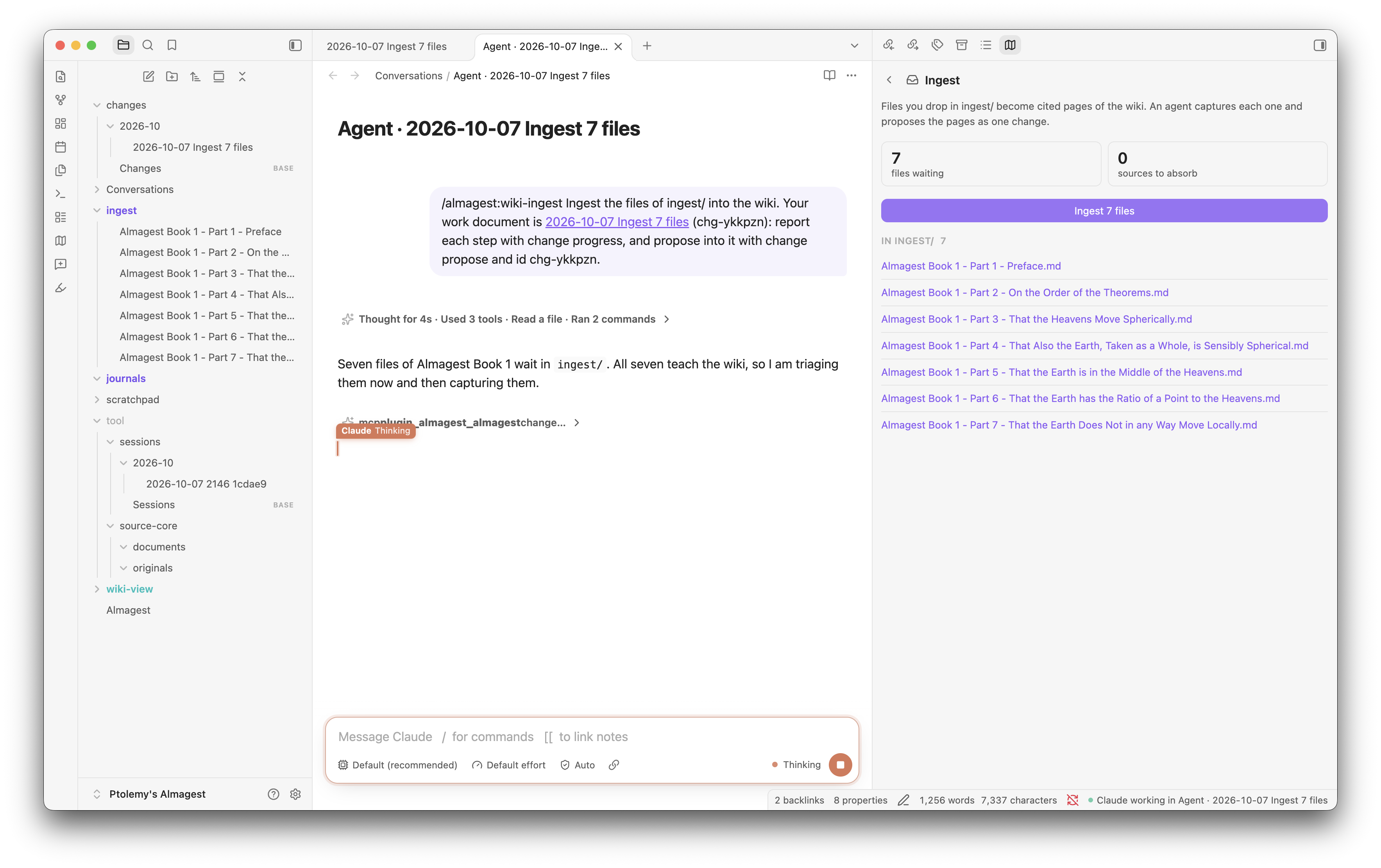 An agent ingests seven files from ingest/
