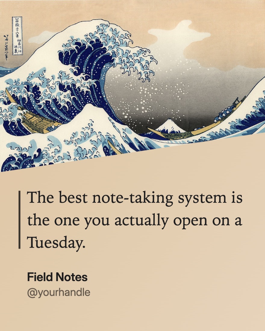 An original line over Hokusai's Great Wave, attributed to a social handle