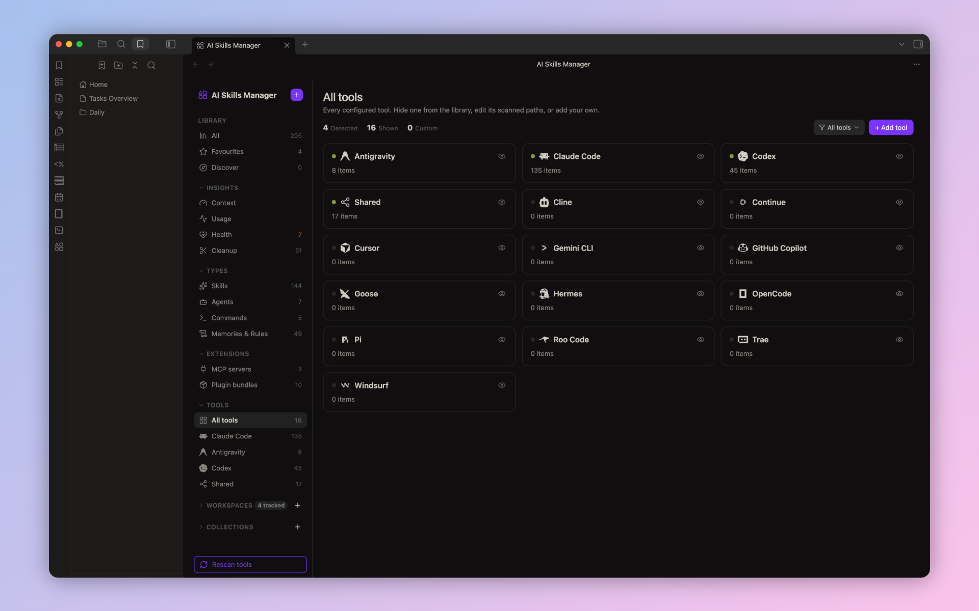All tools page showing configured tools, item counts, and hide or show controls
