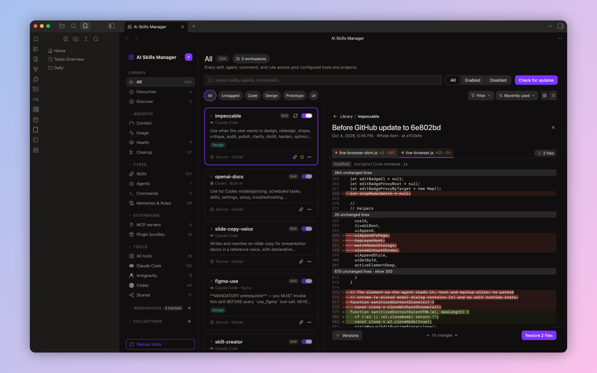 A saved version open in the tabbed diff, ready to restore two files