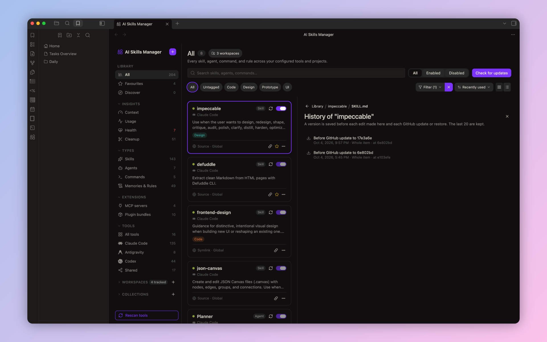 History panel listing saved versions of a skill before each GitHub update