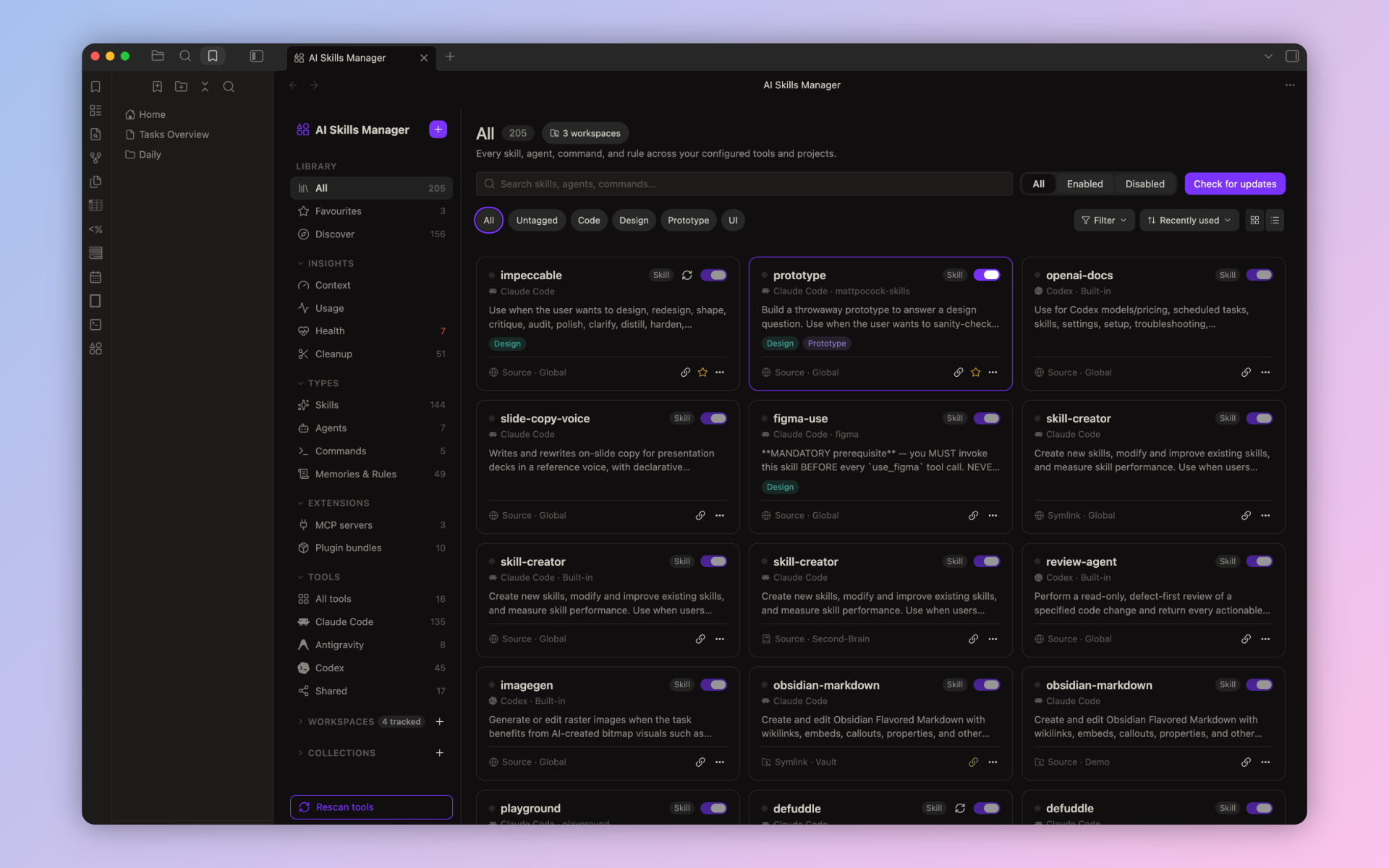 Library view listing skills, agents, commands, and rules across tools