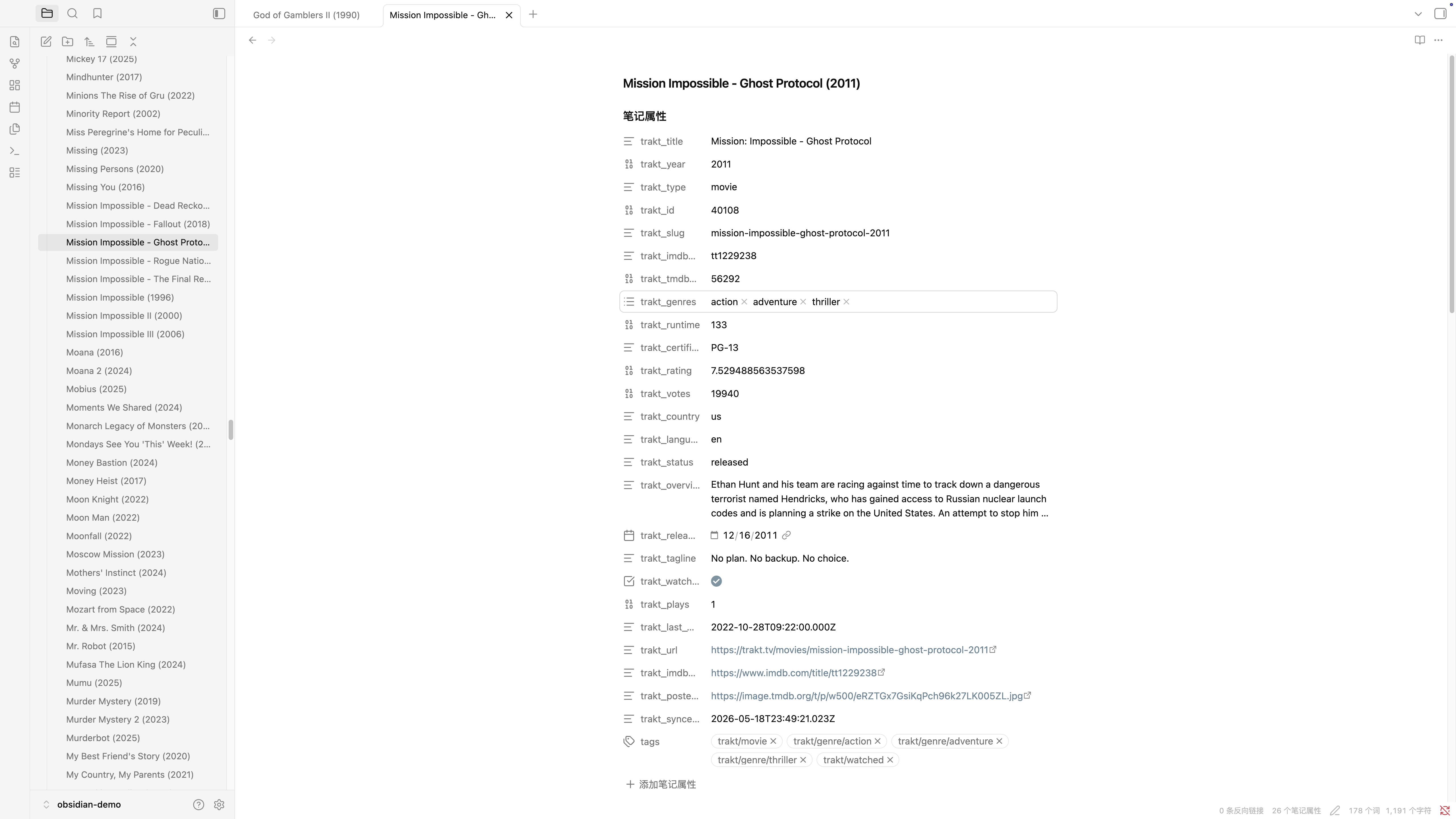 Localized Trakt metadata stored as Obsidian note properties