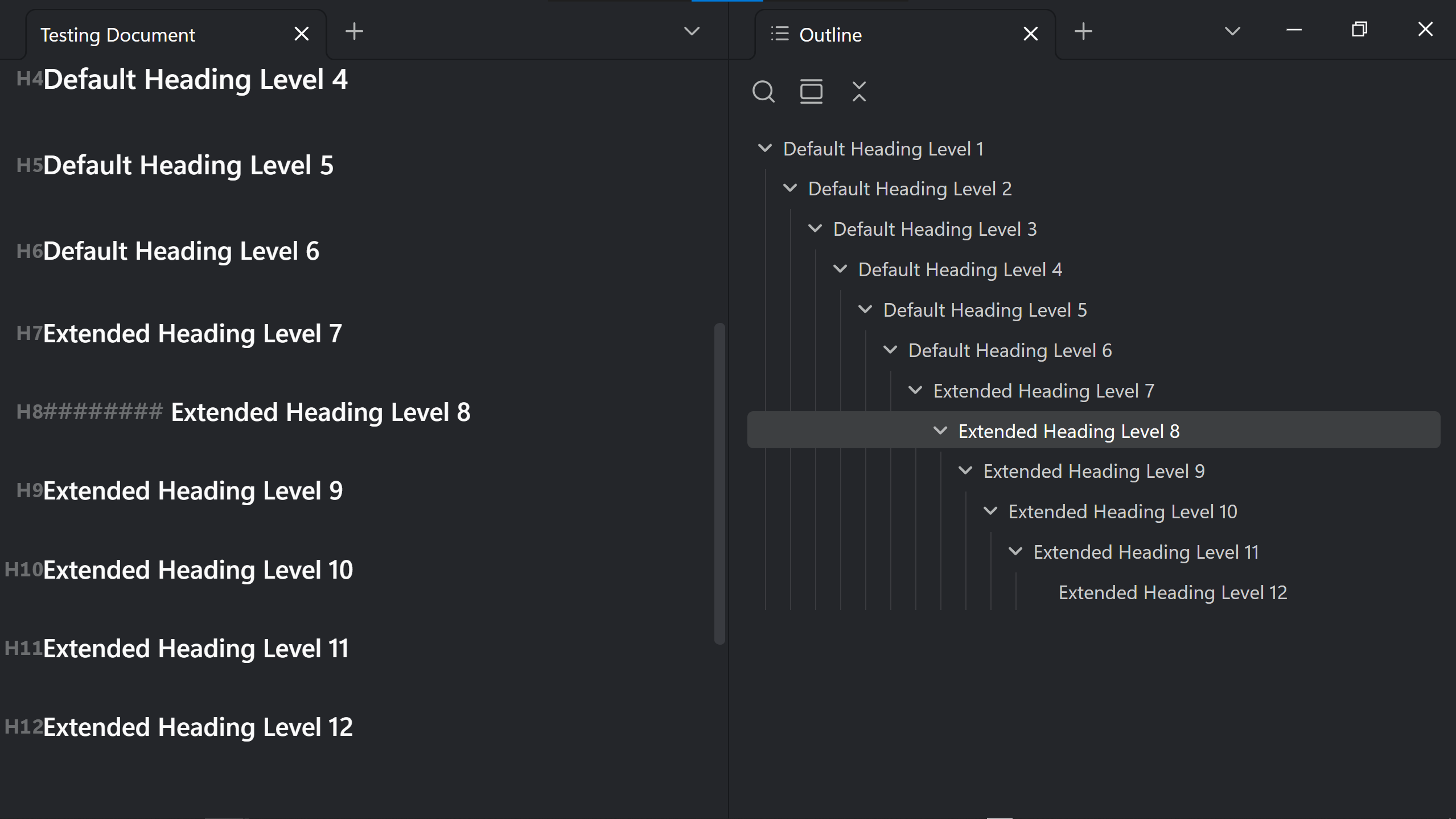 Extended headings H7 through H12 in Live Preview, with H8 active and the remaining levels inactive