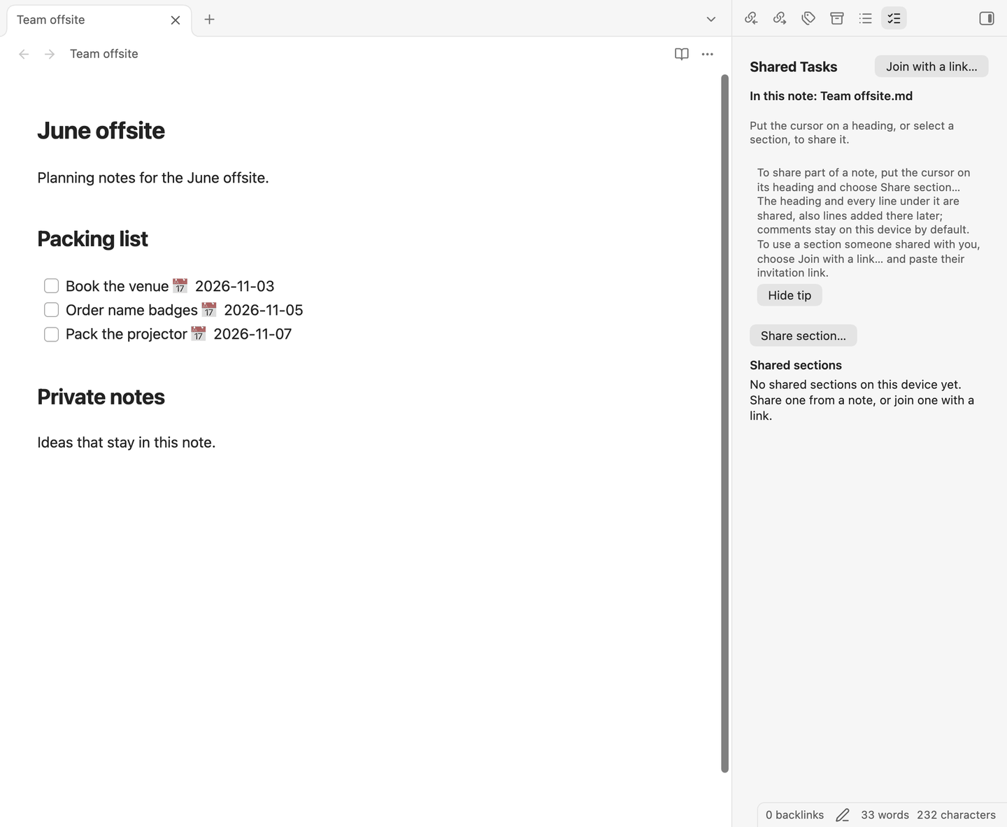 The Shared Tasks pane the first time it is opened, next to a note