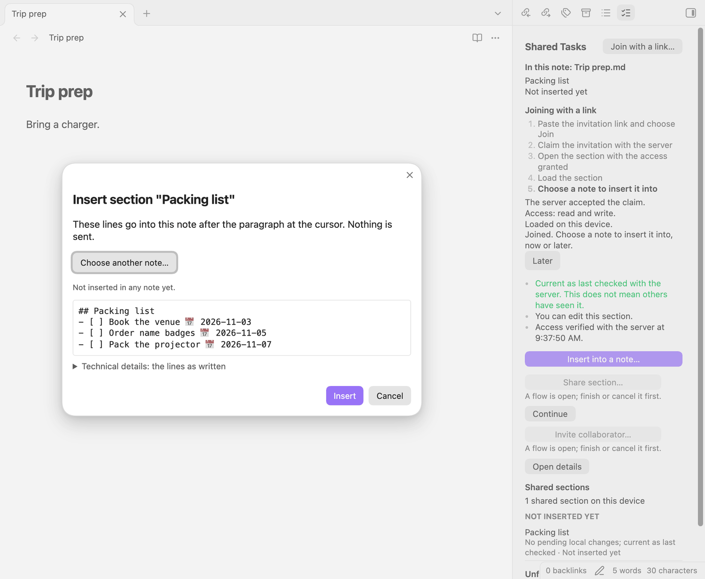 Joining with a link and choosing where to insert, with a preview