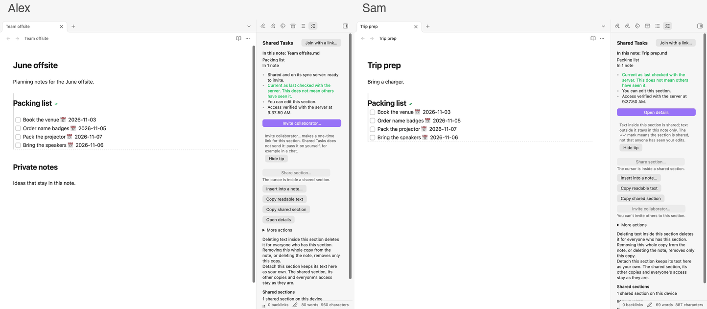 Two Obsidian windows side by side, Alex on the left and Sam on the right, both showing the same shared section with four tasks