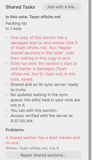 The Shared Tasks pane lists a problem with the shared section and offers Repair shared sections… right under it