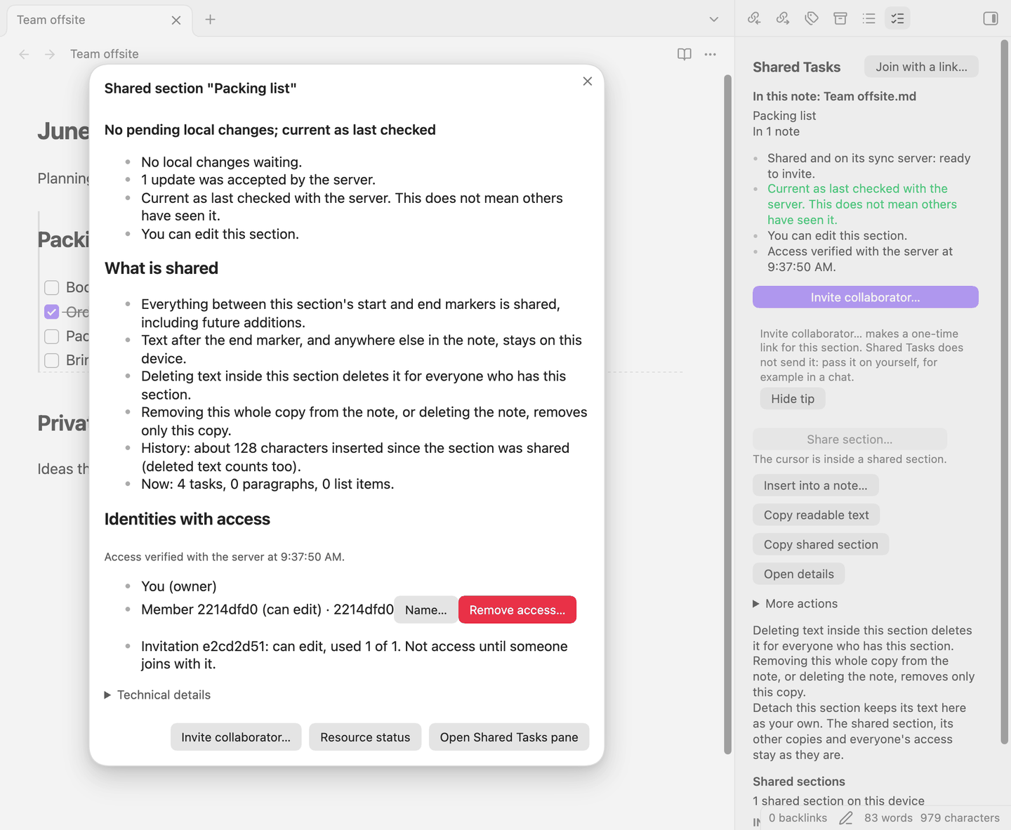 The card of a shared section: what is shared, who has access, and how to invite