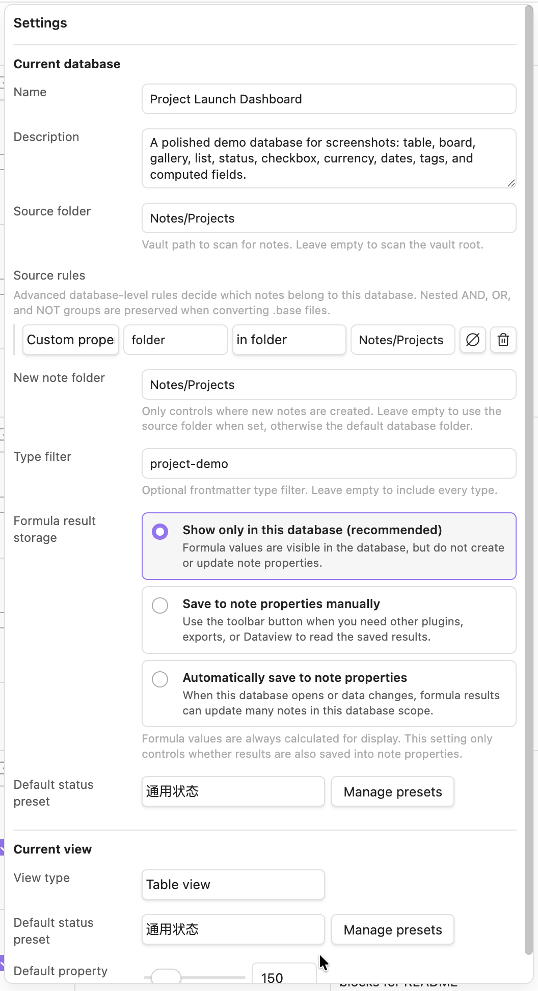 Settings panel