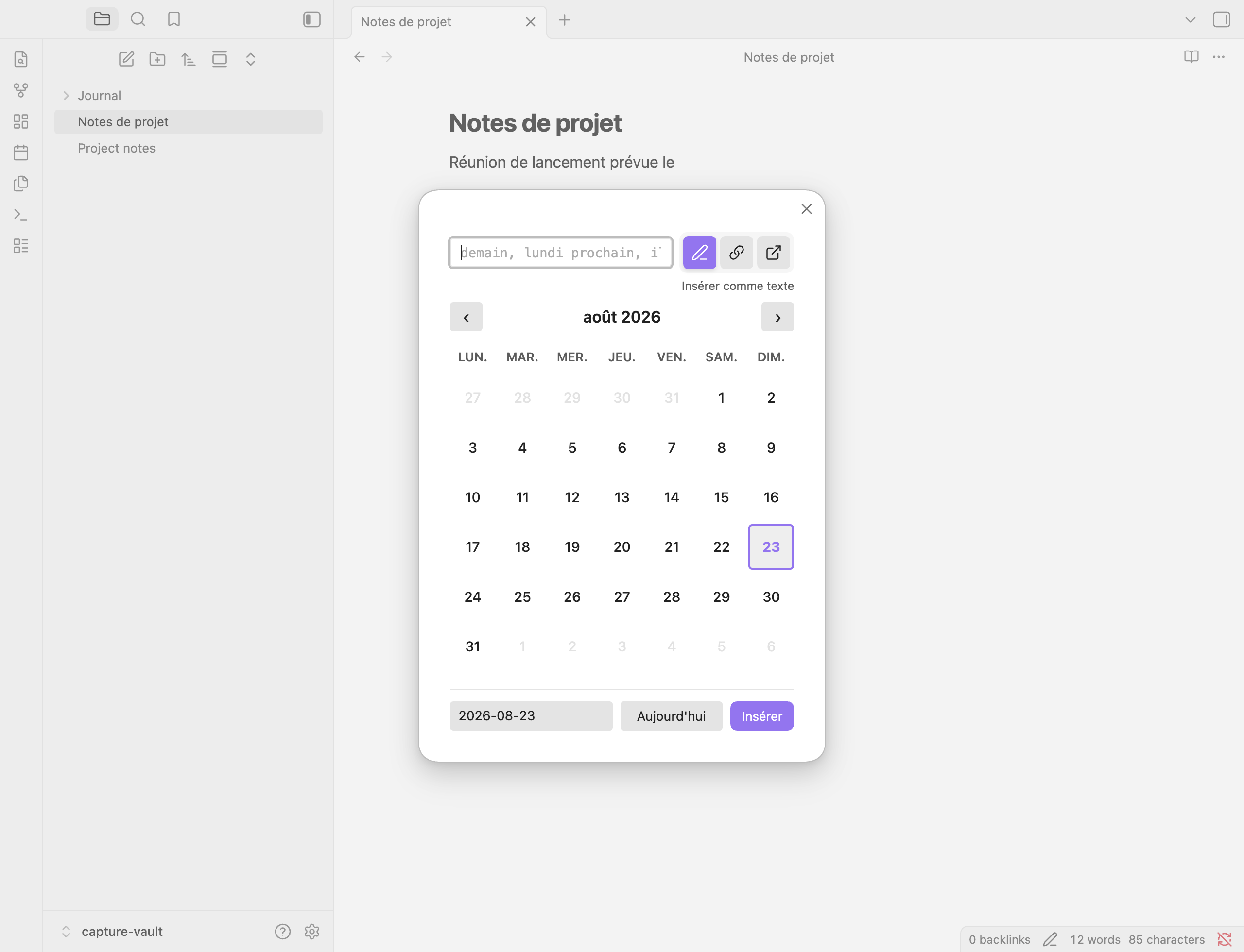 The picker in French: the status row, calendar and footer follow the Locale setting