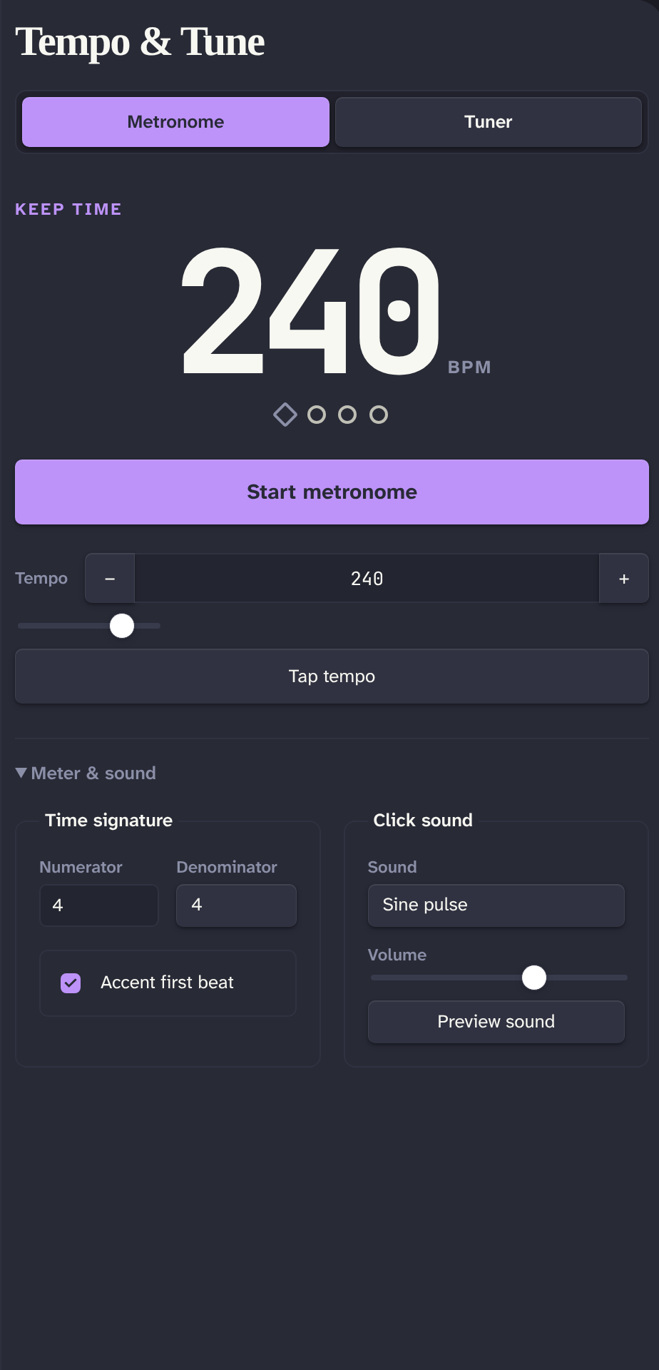 Metronome + Tuner view in Obsidian with tempo controls and beat indicators