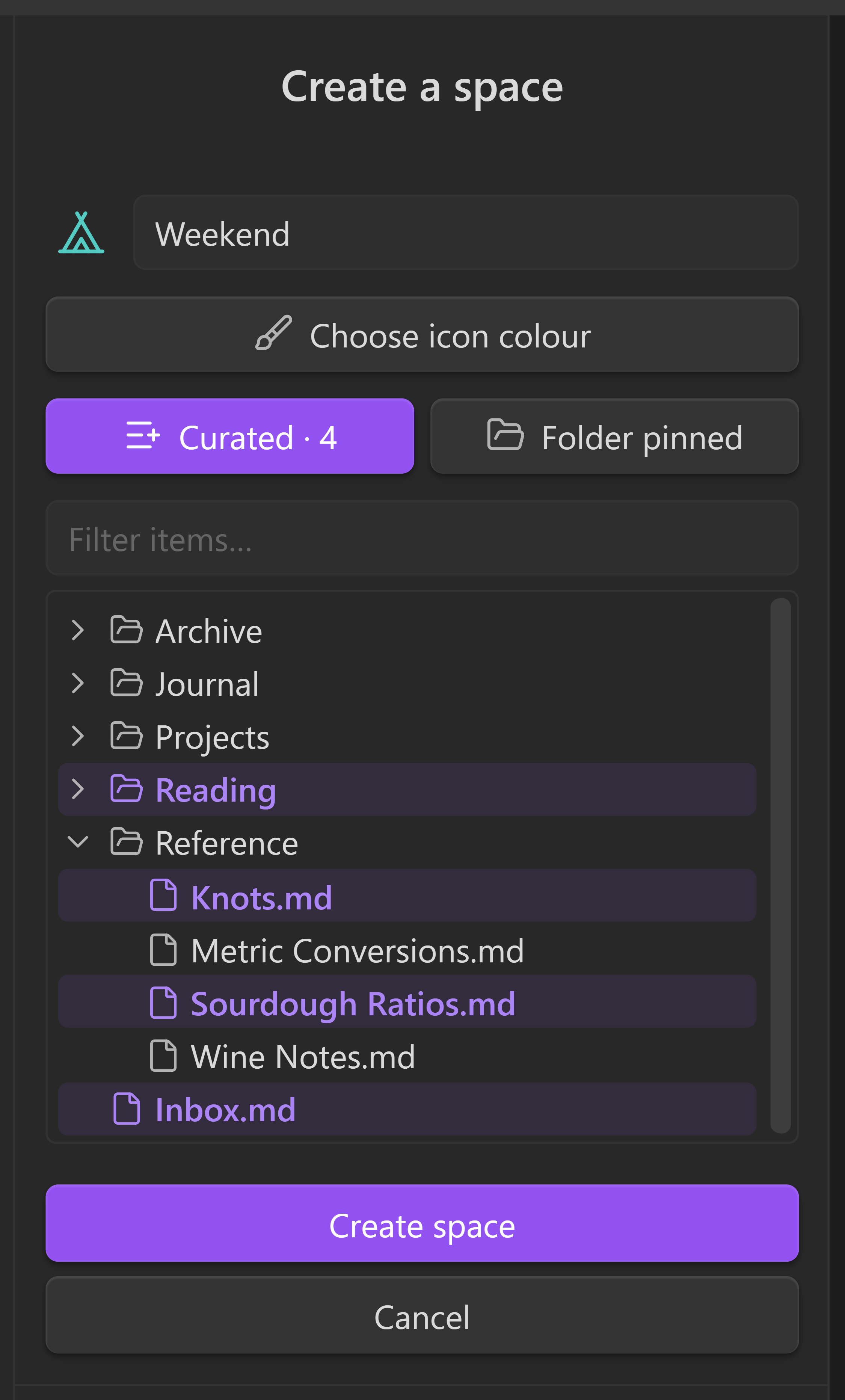 The same form with Curated selected, showing a searchable tree of the vault with a folder and three notes picked out.