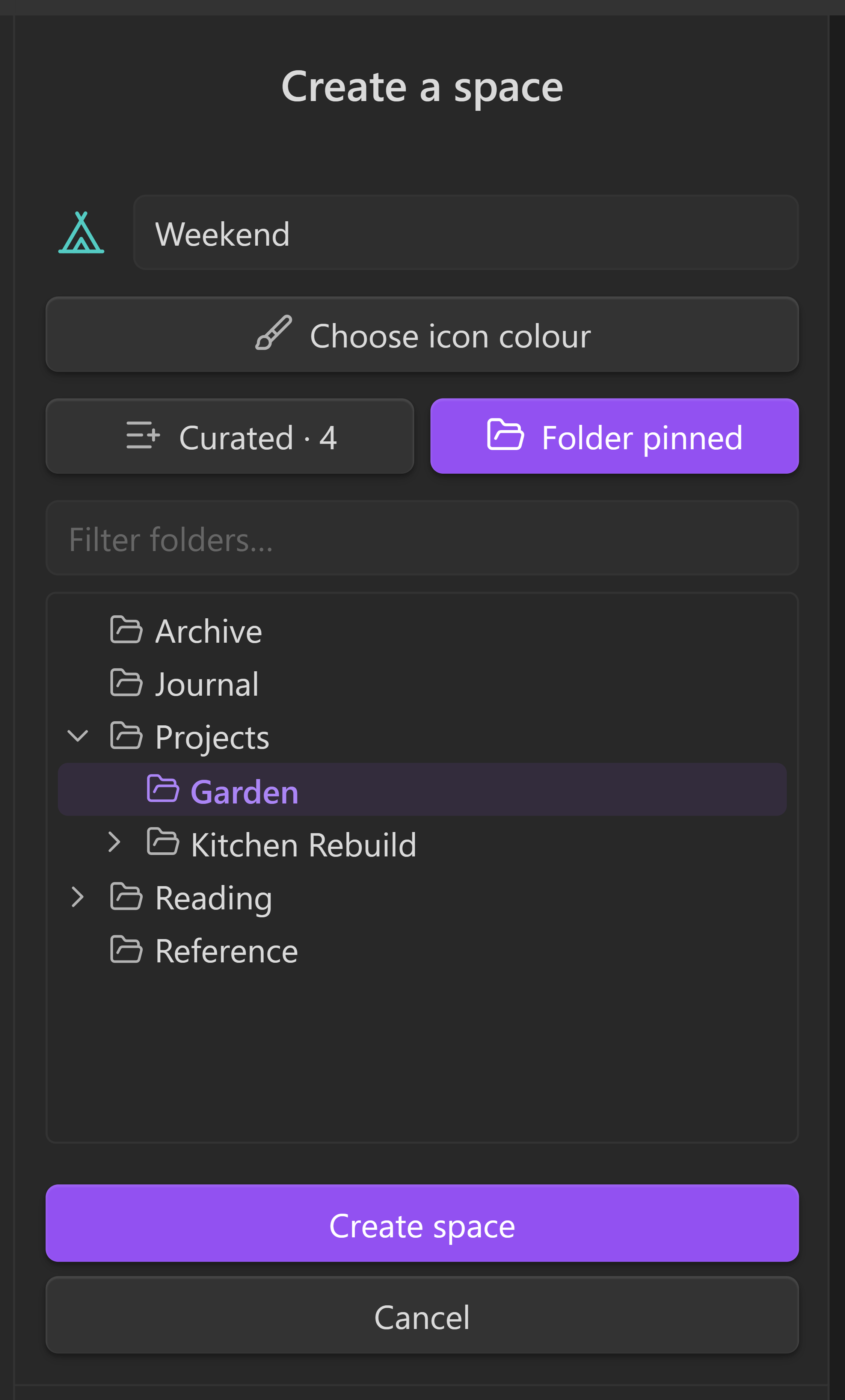 The same form with Folder pinned selected, showing folders only and exactly one of them chosen.