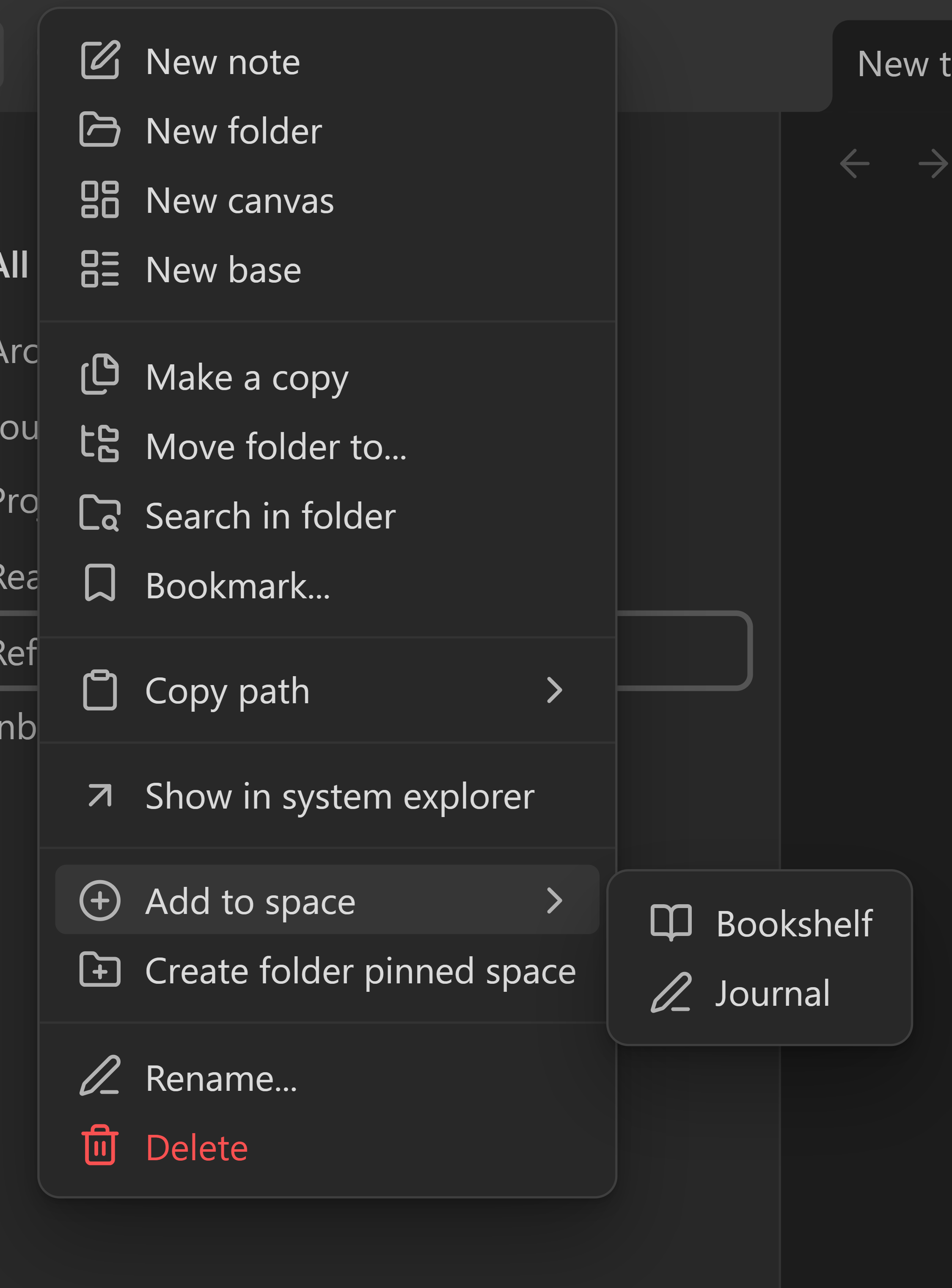 Obsidian's own folder menu with two added entries: Add to space, opened to show the spaces that can take this folder, and Create folder pinned space.