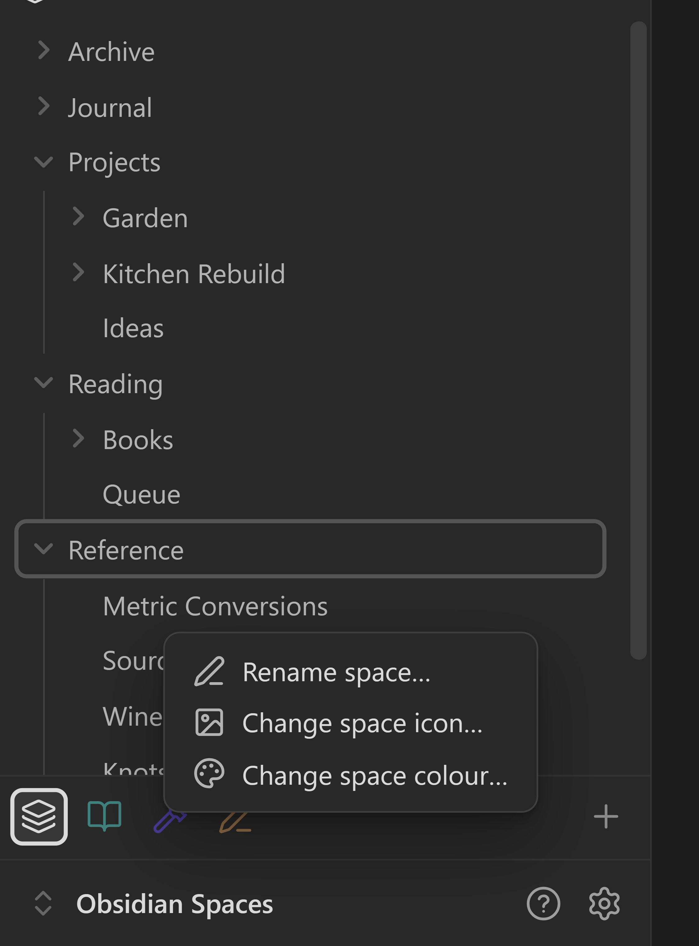 The menu on a space icon: Rename space, Change space icon and Change space color.