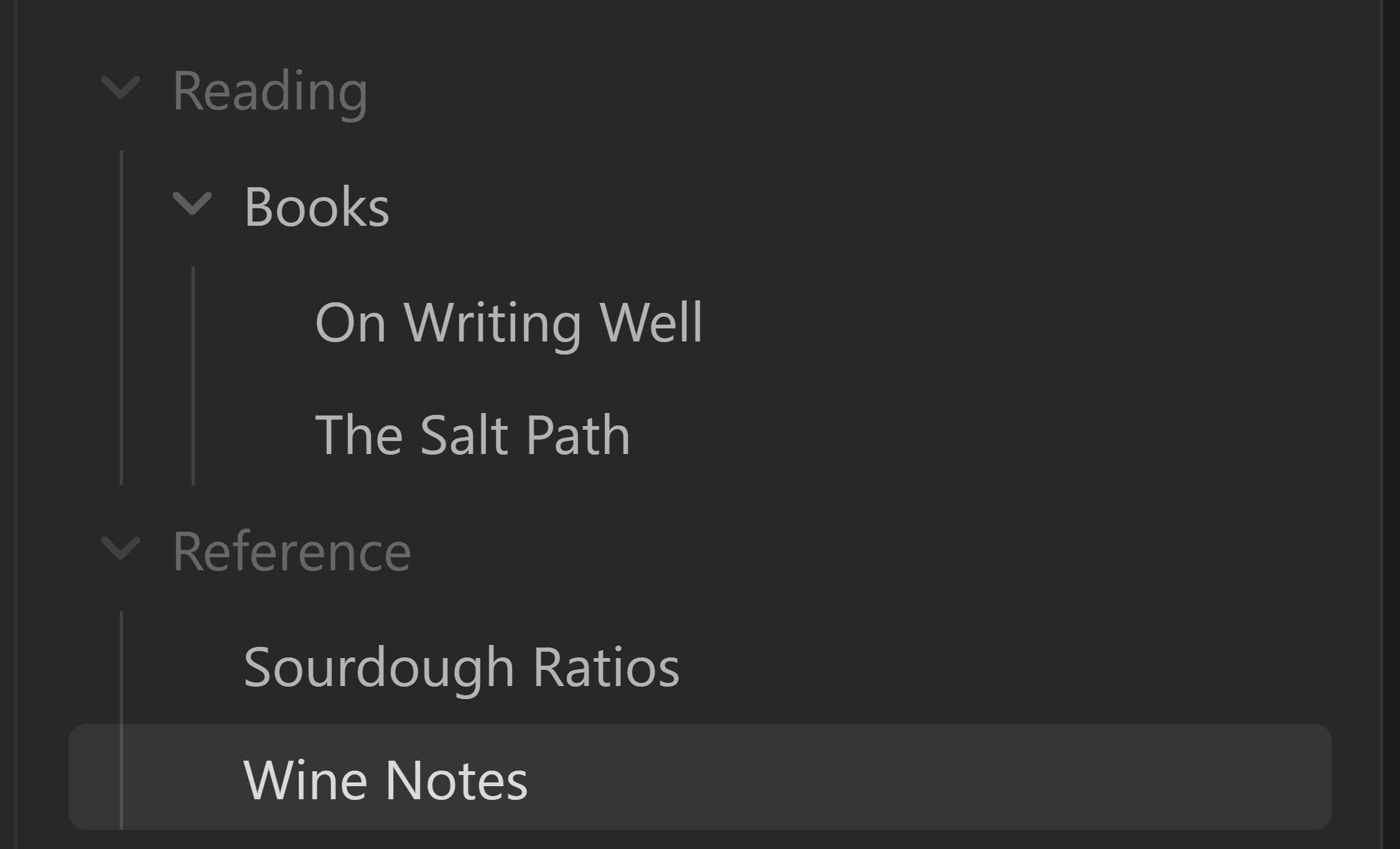 The same space sorted A to Z, so Reading now comes before Reference and Sourdough Ratios before Wine Notes.