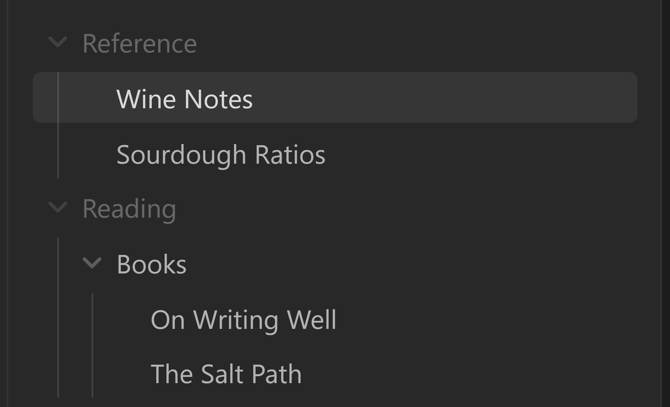 A space called Bookshelf with Reference above Reading, and inside Reference, Wine Notes above Sourdough Ratios.