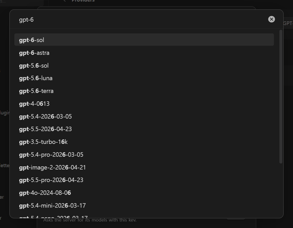 The model picker listing the models the server offers, filtered by name