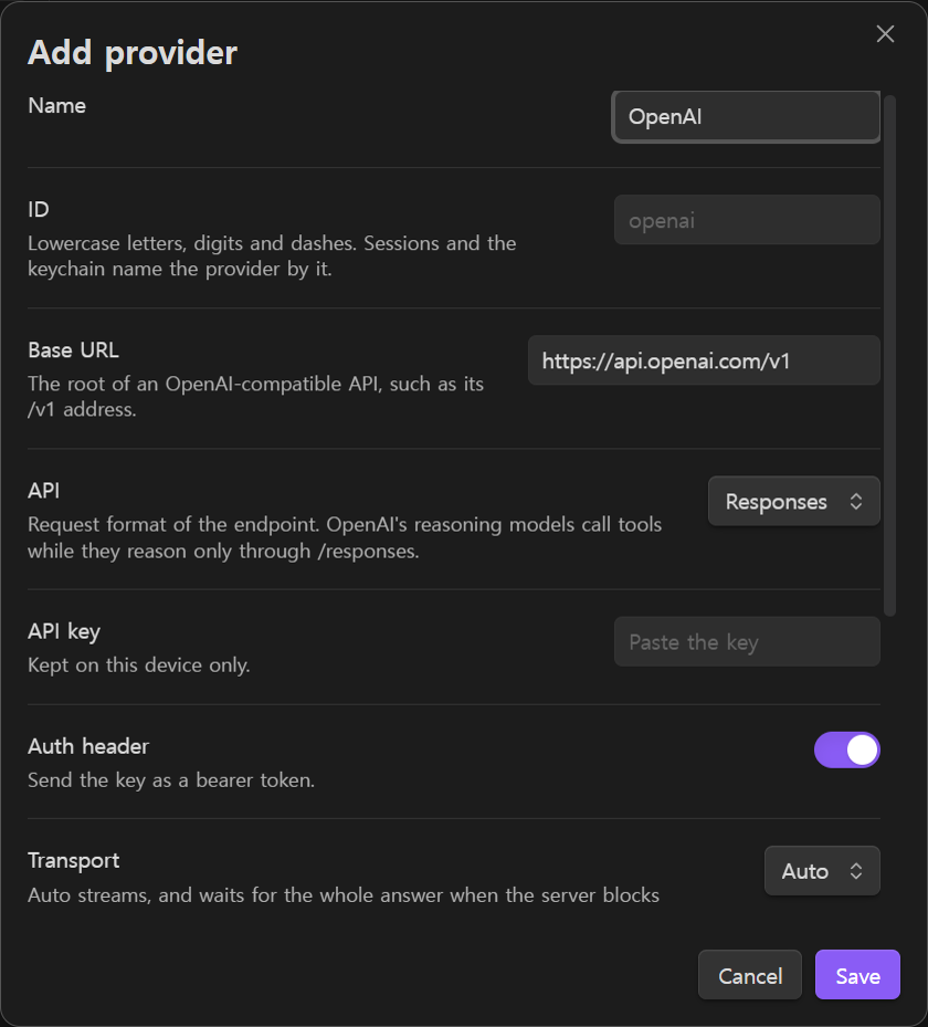 The Add provider dialog with a name, a base URL and an empty API key field