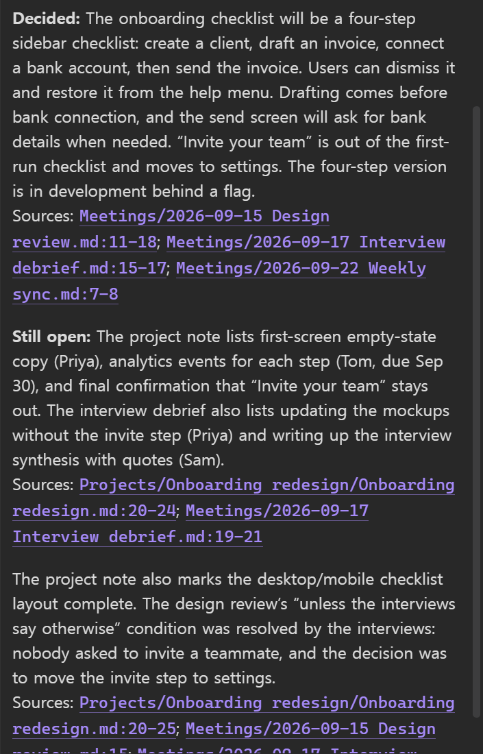 An answer in the chat that sums up a design decision and the open items, with links to the lines of the meeting and project notes it read