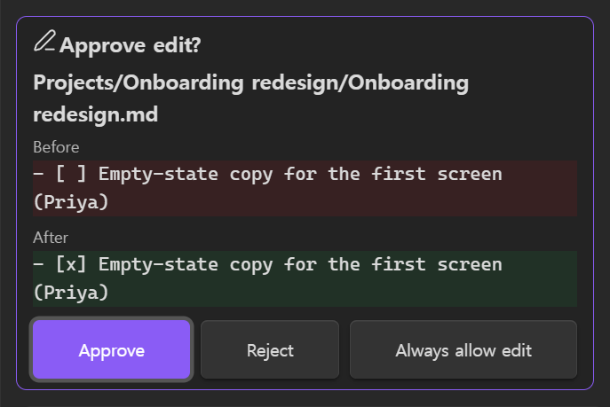 An approval card for an edit, showing the task line before and after it was ticked off