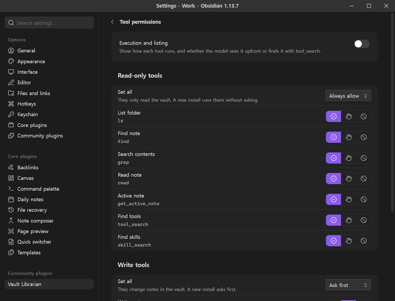 The Tool permissions settings page with read-only tools allowed and write tools set to ask first