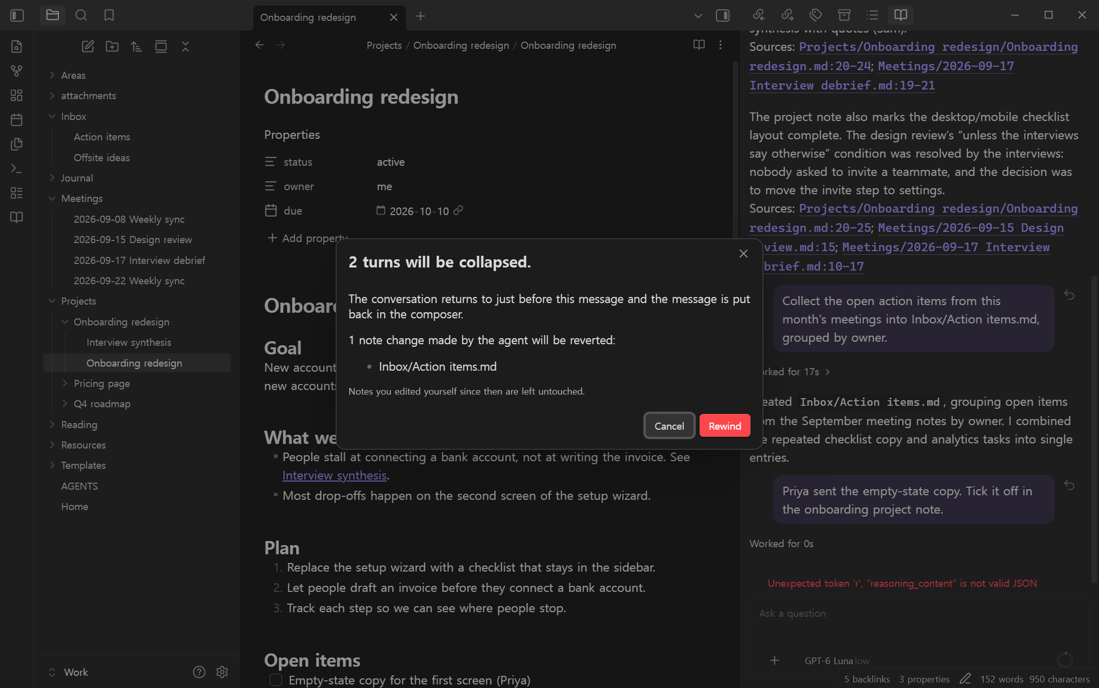 The rewind dialog listing the turns that will collapse and the note changes that will be reverted