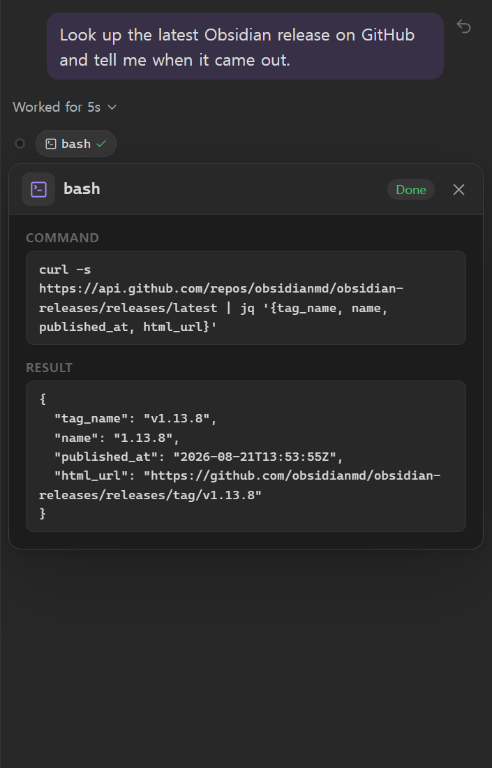 A bash step that asked the GitHub API for the latest Obsidian release with curl, picked fields with jq, and shows the command and its output