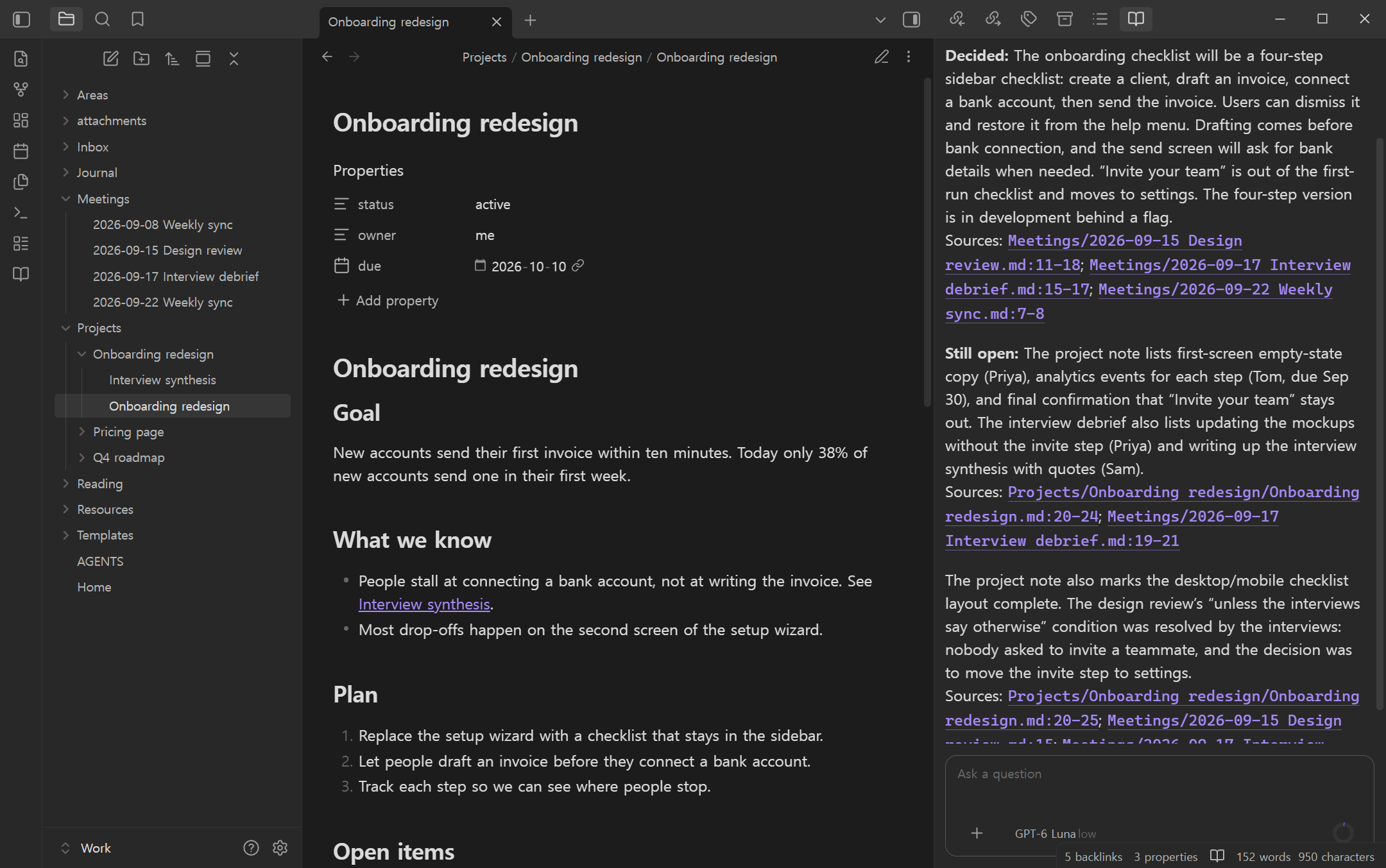 Obsidian with a project note open and the chat in the right sidebar, showing an answer with citations