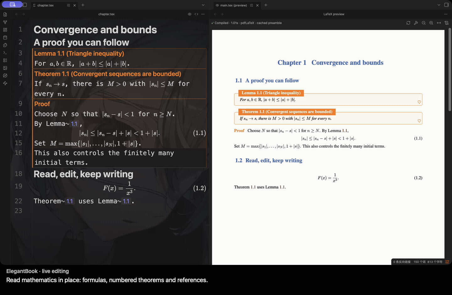 ElegantBook live editing, an actual formula edit and live/source mode switching