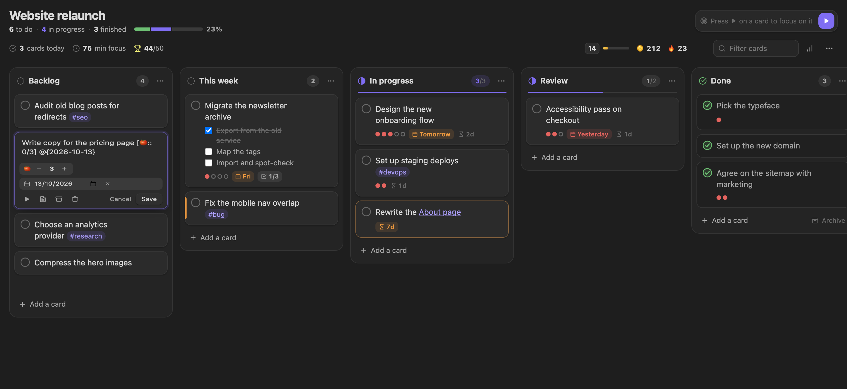 A card open in its editor, with the pomodoro stepper and the due date