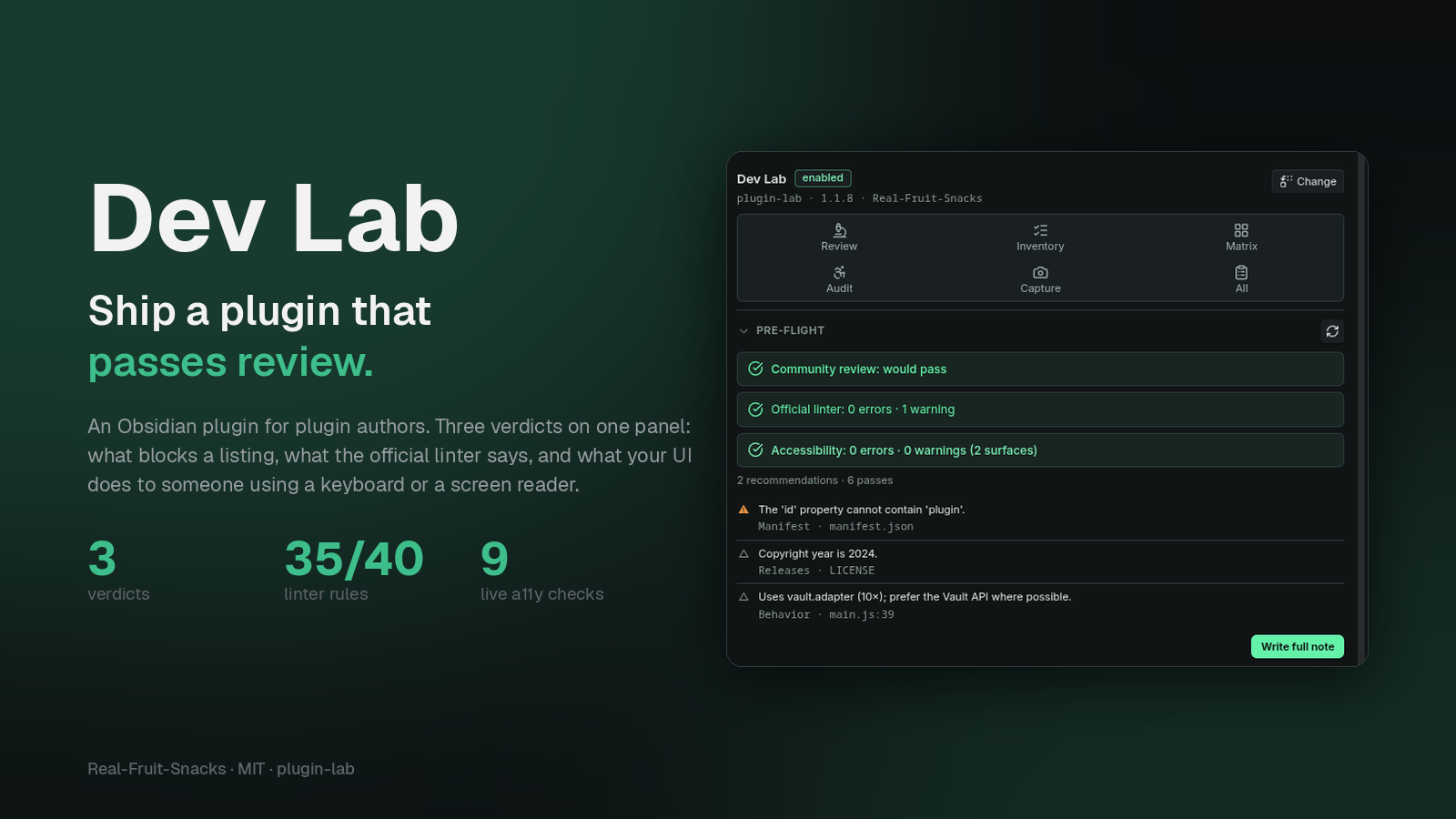 Dev Lab — ship a plugin that passes review. Three verdicts on one panel.