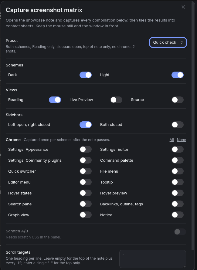 The capture screenshot matrix dialog
