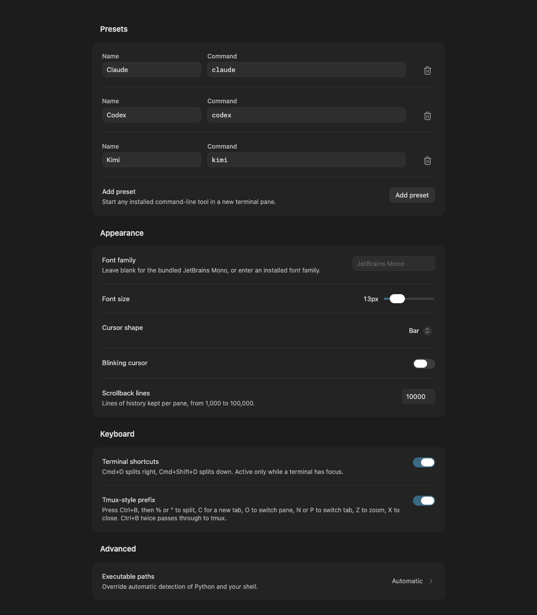 Preset editor, appearance, keyboard and advanced settings in Obsidian