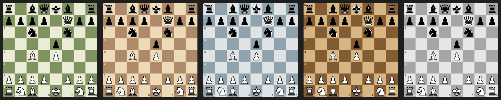 The same position on the green, brown, blue, wood and grey boards