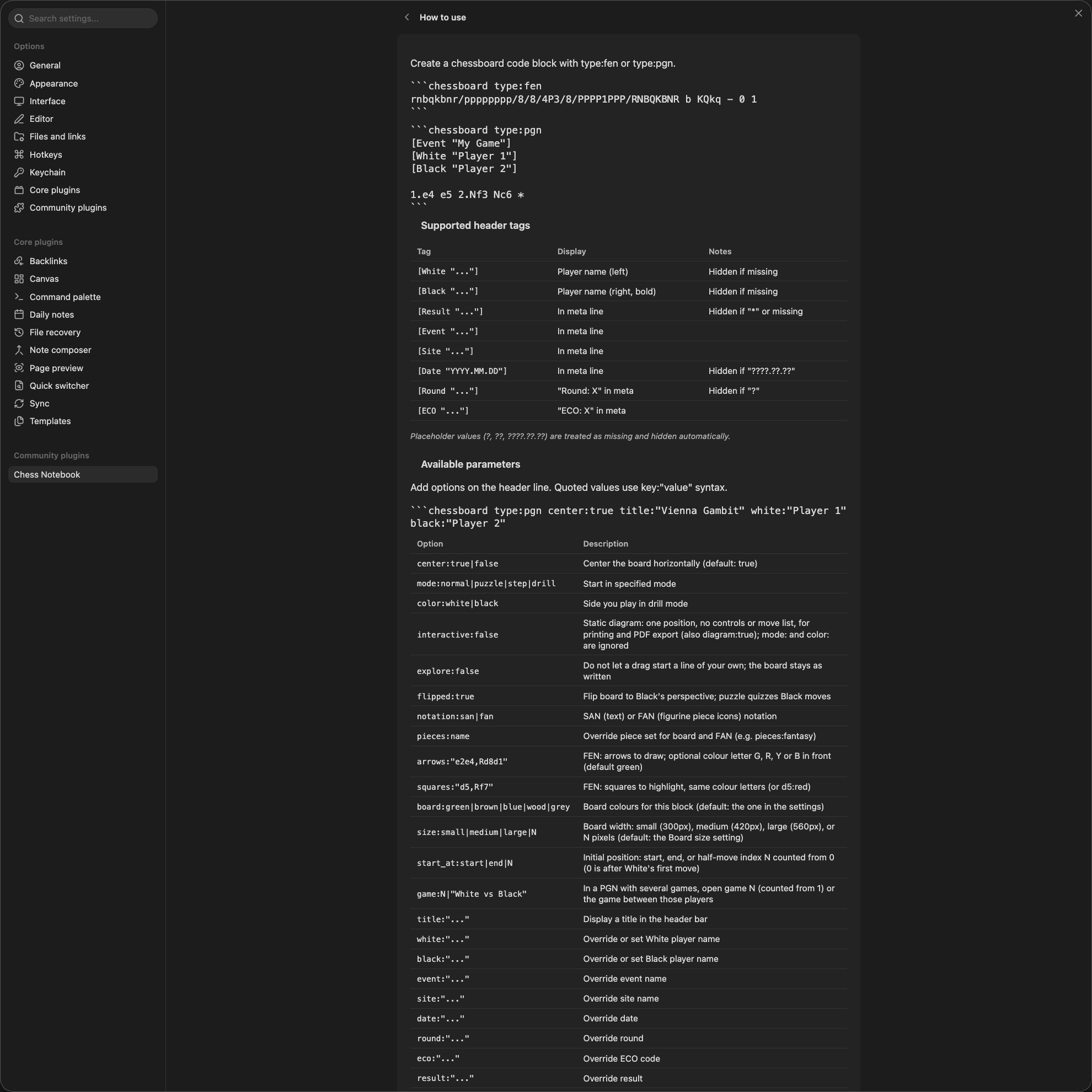The How to use page with example blocks, the header tags table and the options