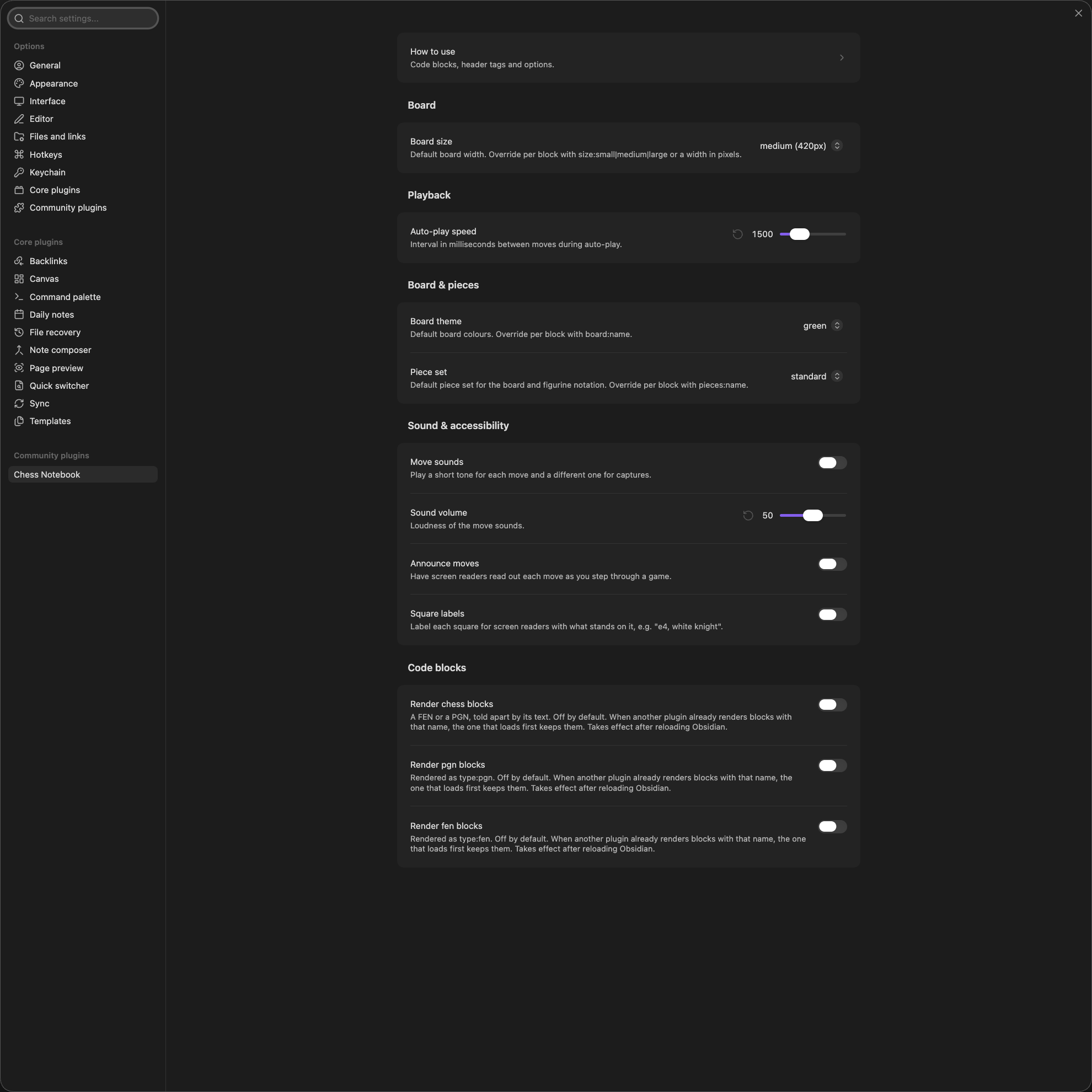 The settings tab with its Board, Playback, Board and pieces, Sound and accessibility and Code blocks groups