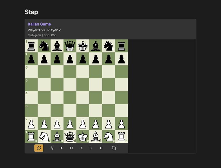 Stepping through the Italian Game one move at a time, with the moves and comments appearing as they are reached