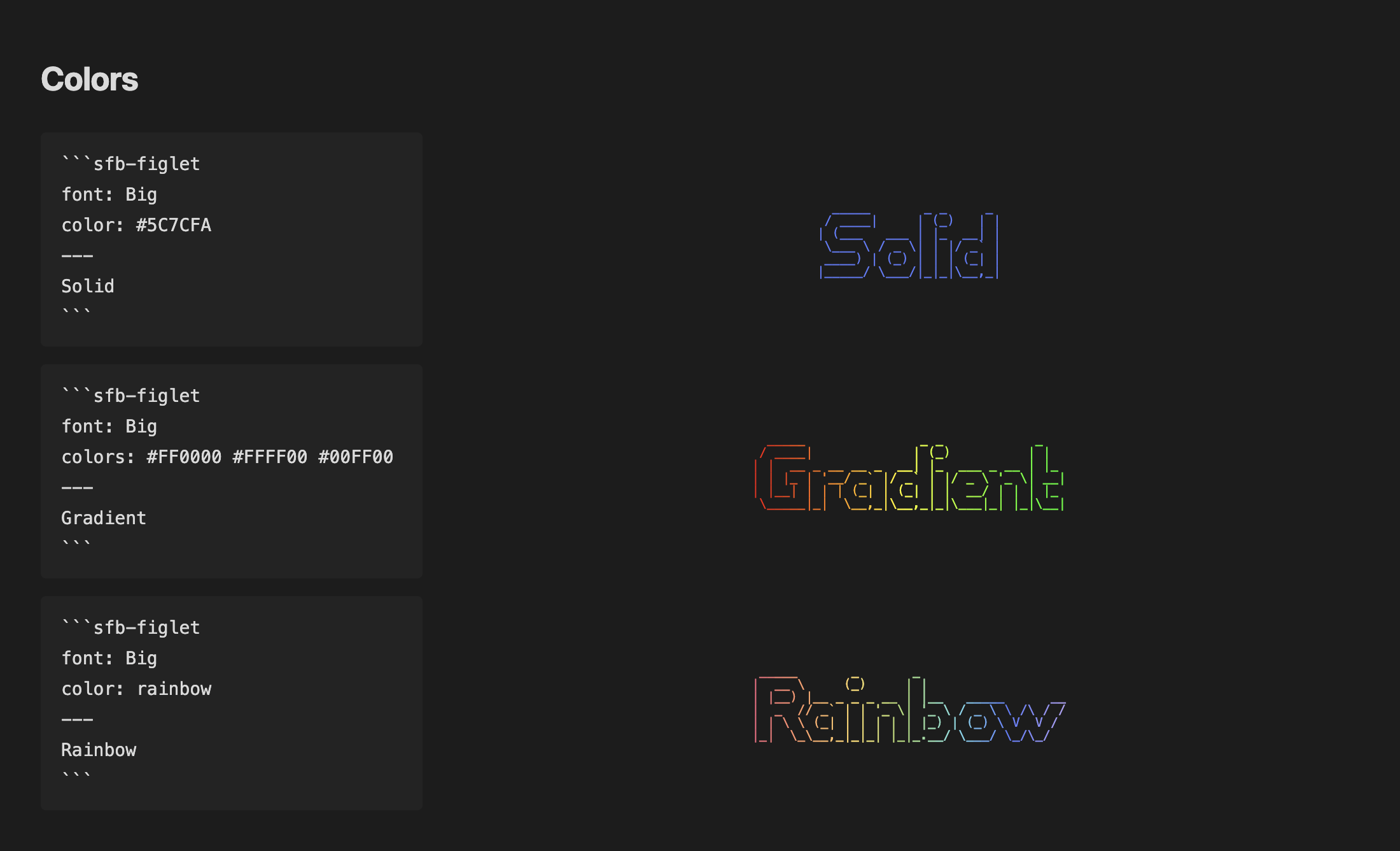 Code blocks next to their output: a solid blue word, a red-yellow-green gradient, and a rainbow