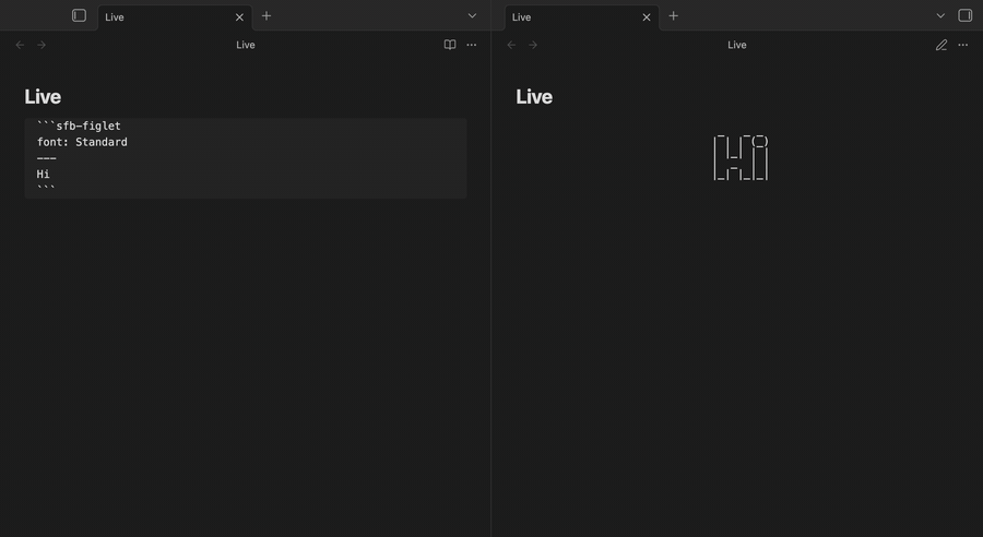 Editing a code block: the font, color and text change and the art updates